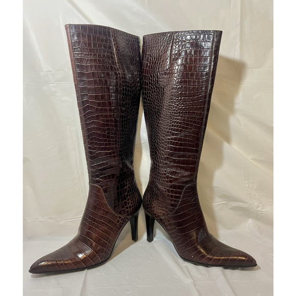 Via Spiga Croc Embossed Brown Leather Knee High Boots $310 size 9 - Picture 11 of 15